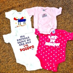 Brand New Lot of 4 Skiing Skiier Snow Moose Pink and White Onesies 6-12 Months